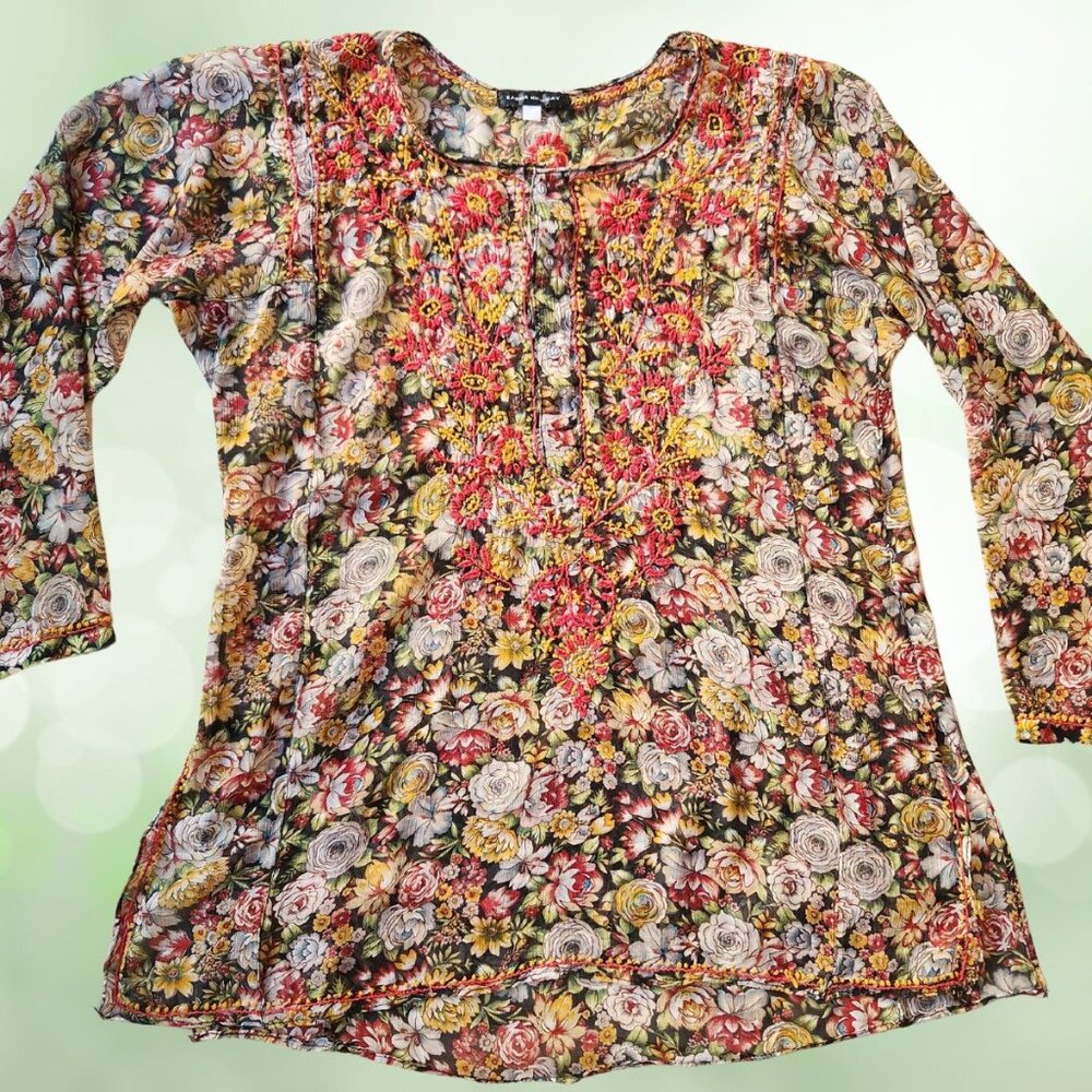 Karma Highway Vintage Embroidered Boho Tunic Blouse Size L Multicolor Floral